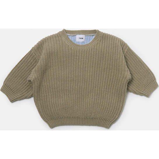 Chunky Ribbed Knit Round Neck Long Sleeve Wide Boxy Fit Sweater, Olive & Blue - Sweaters - 1