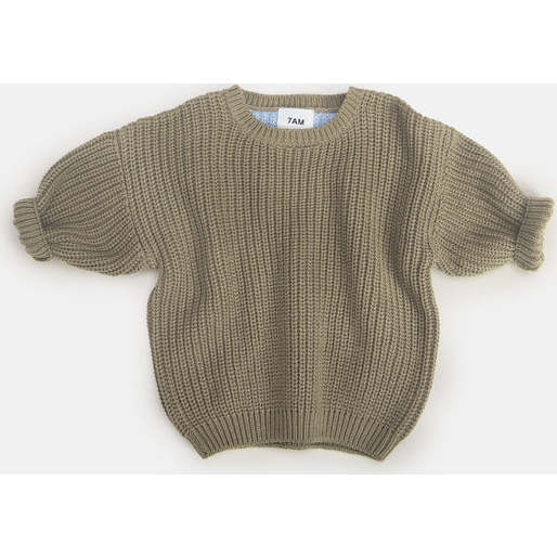 Chunky Ribbed Knit Round Neck Long Sleeve Wide Boxy Fit Sweater, Olive & Blue - Sweaters - 3