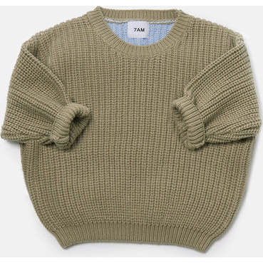 Chunky Ribbed Knit Round Neck Long Sleeve Wide Boxy Fit Sweater, Olive & Blue - Sweaters - 4