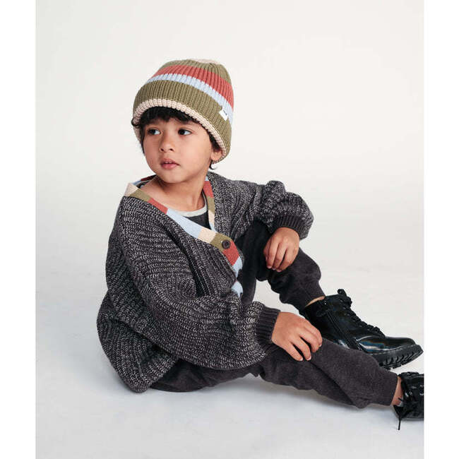 Chunky Ribbed Knit Striped Elastic Fit Beanie Hat, Black Melange & Multicolors - Winter Hats - 3