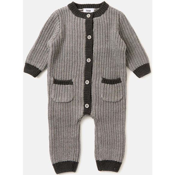 Chunky Ribbed Knit Round Neck Long Sleeve Loose-Fit Romper, Heather Grey & Black