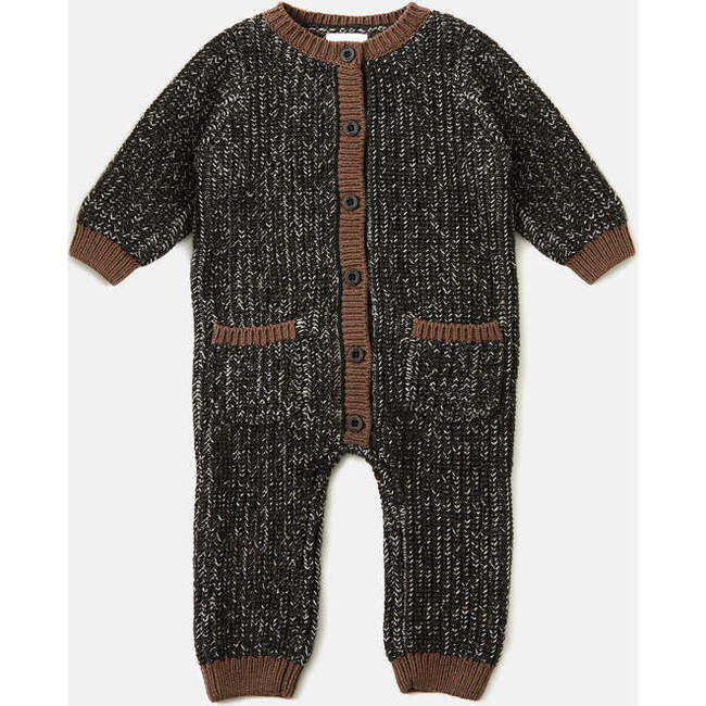 Chunky Ribbed Knit Round Neck Long Sleeve Loose-Fit Romper, Black Melange & Brown - Rompers - 1