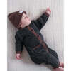 Chunky Ribbed Knit Round Neck Long Sleeve Loose-Fit Romper, Black Melange & Brown - Rompers - 2