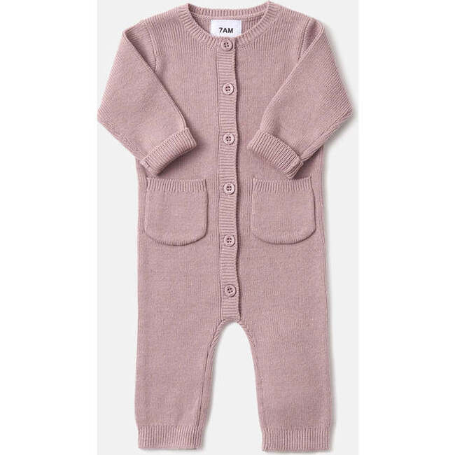 Chunky Ribbed Knit Round Neck Long Sleeve Fitted Romper, Ash Rose