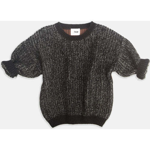 Chunky Ribbed Knit Round Neck Long Sleeve Wide Boxy Fit Sweater, Black Melange & Brown - Sweaters - 3