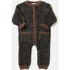 Chunky Ribbed Knit Round Neck Long Sleeve Loose-Fit Romper, Black Melange & Brown - Rompers - 3