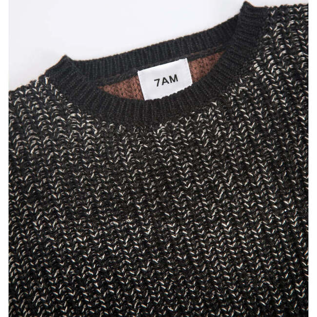 Chunky Ribbed Knit Round Neck Long Sleeve Wide Boxy Fit Sweater, Black Melange & Brown - Sweaters - 5