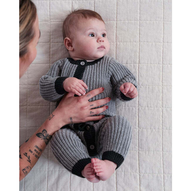 Chunky Ribbed Knit Round Neck Long Sleeve Loose-Fit Romper, Heather Grey & Black - Rompers - 6