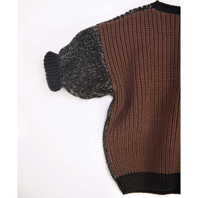 Chunky Ribbed Knit Round Neck Long Sleeve Wide Boxy Fit Sweater, Black Melange & Brown - Sweaters - 6