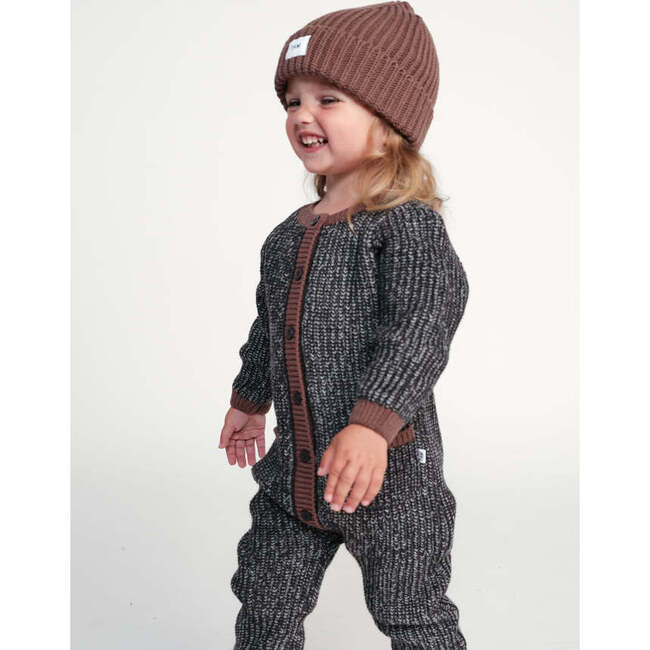 Chunky Ribbed Knit Round Neck Long Sleeve Loose-Fit Romper, Black Melange & Brown - Rompers - 6