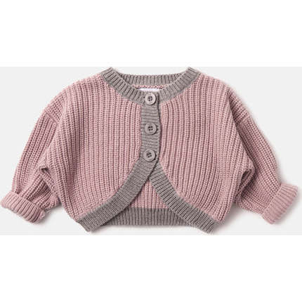 Chunky Ribbed Knit Long Sleeve Drop Shoulder Bolero Cardigan, Ash Rose & Grey - Cardigans - 3