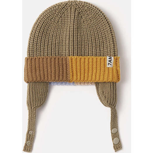 Chunky Ribbed Knit Chin Strap Snap Earflaps Elastic Fit Beanie, Olive - Winter Hats - 1