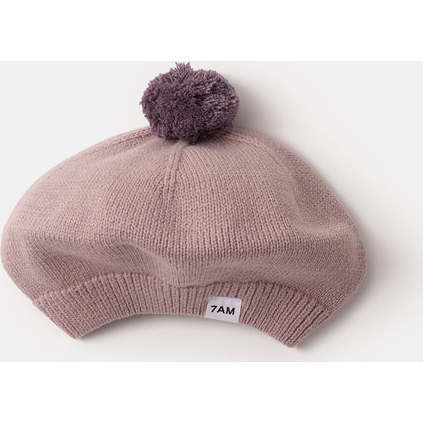 Chunky Ribbed Cotton Knit Pom Pom Beret, Ash Rose