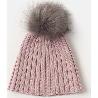 Chunky Knit Ribbed Detachable Pom Pom Beanie, Ash Rose