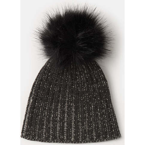 Chunky Knit Ribbed Detachable Pom Pom Beanie, Black Melange