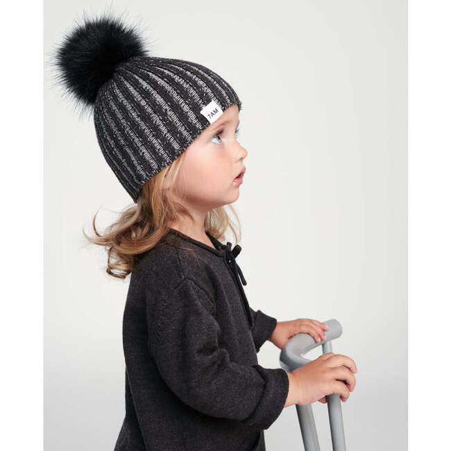 Chunky Knit Ribbed Detachable Pom Pom Beanie, Black Melange - Winter Hats - 2