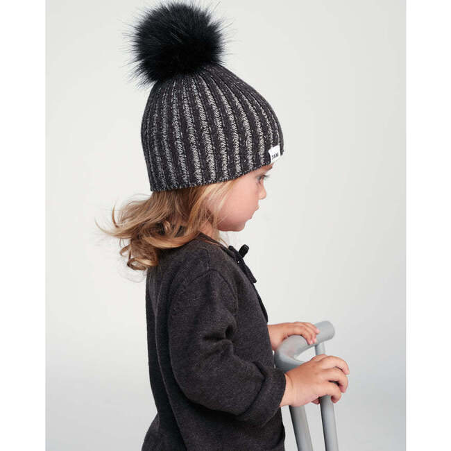 Chunky Knit Ribbed Detachable Pom Pom Beanie, Black Melange - Winter Hats - 3