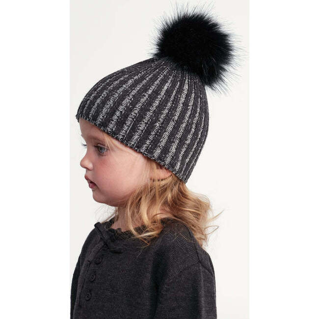 Chunky Knit Ribbed Detachable Pom Pom Beanie, Black Melange - Winter Hats - 4