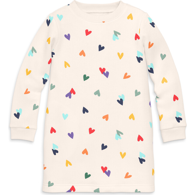 Cozy Fleece Dress In Rainbow Confetti Hearts, Oat Multi Confetti Hearts