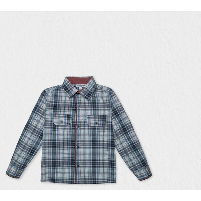 Achille Boy Cotton Shirt, Tartan Blue Burgundy