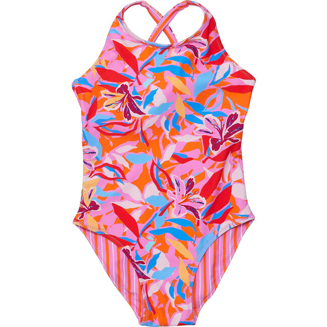 UPF50+ Sustainable Reversible Halter X-Back Swimsuit, Blooming Sunset