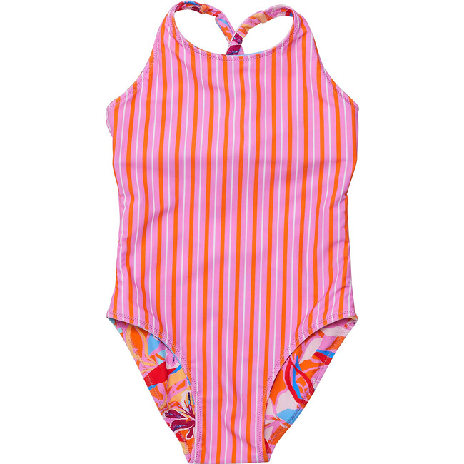 UPF50+ Sustainable Reversible Halter X-Back Swimsuit, Blooming Sunset - One Pieces - 2