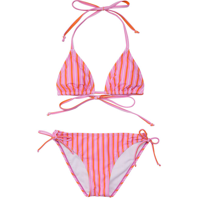 UPF50+ Sustainable Halter Neck Tie Front & Bottom Triangle Bikini, Stripy Sunset