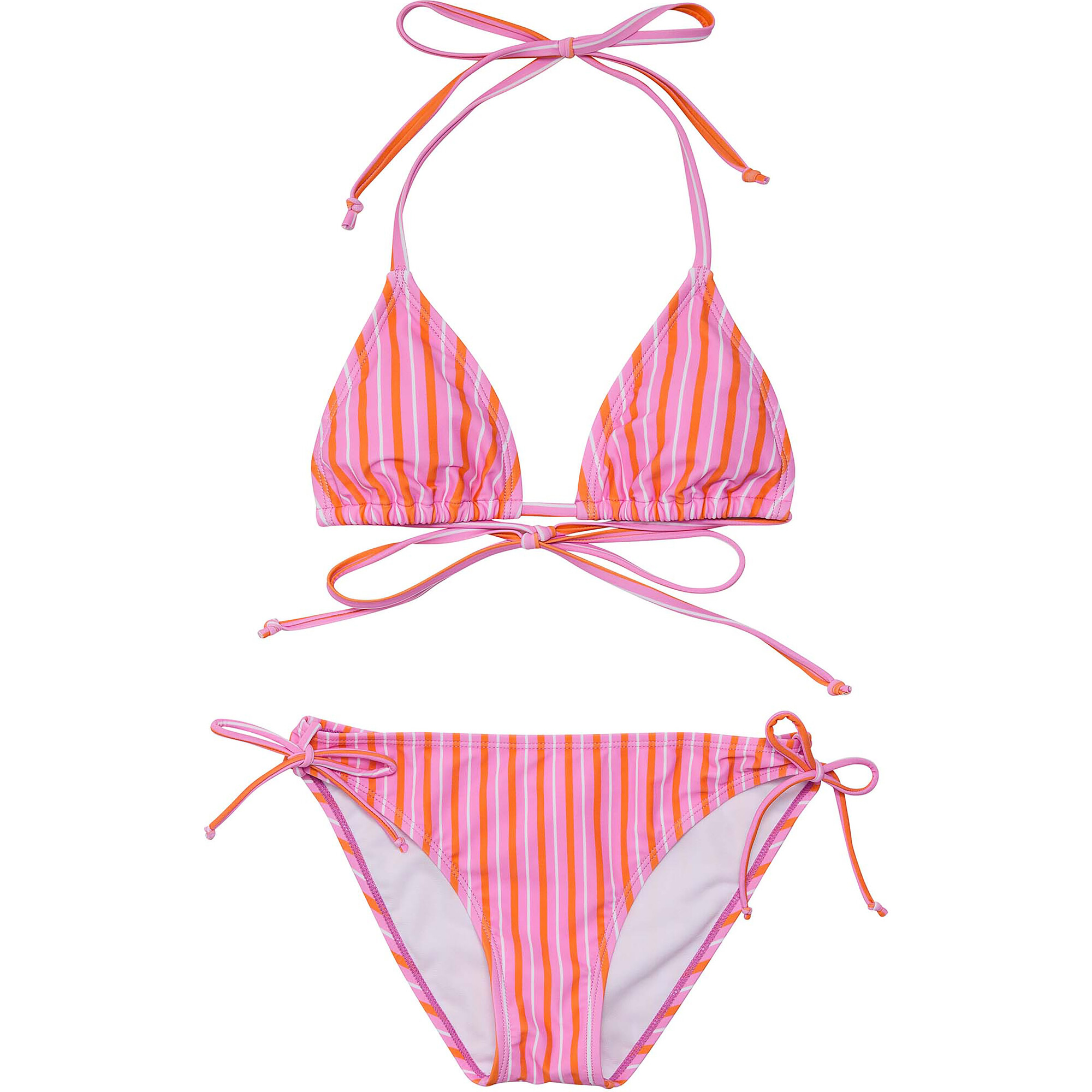 UPF50+ Sustainable Halter Neck Tie Front & Bottom Triangle Bikini, Stripy Sunset - Two Pieces - 1