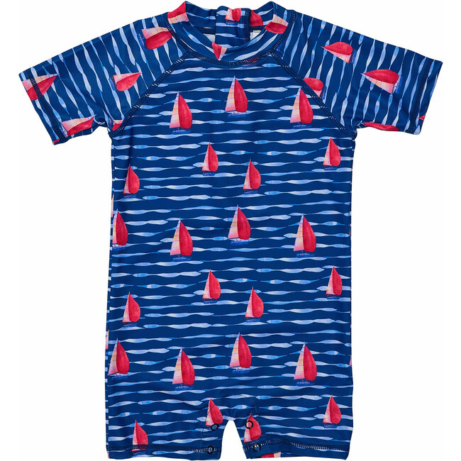 UPF50+ Short Raglan Sleeve Short Sunsuit, Sailboat Rock