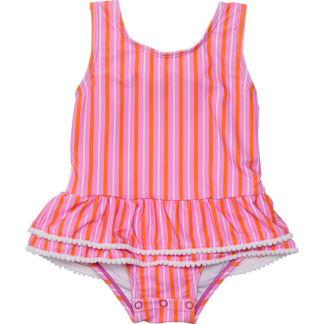 Sustainable Sleeveless Ruffle Waist Skirt Swimsuit, Stripy Sunset