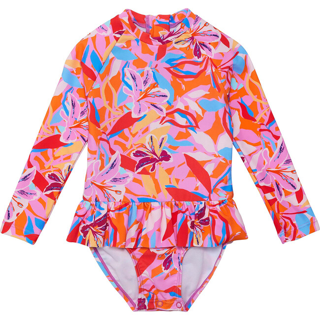 Sustainable High Neck Long Sleeve Waist Skirt Surf Suit, Blooming Sunset