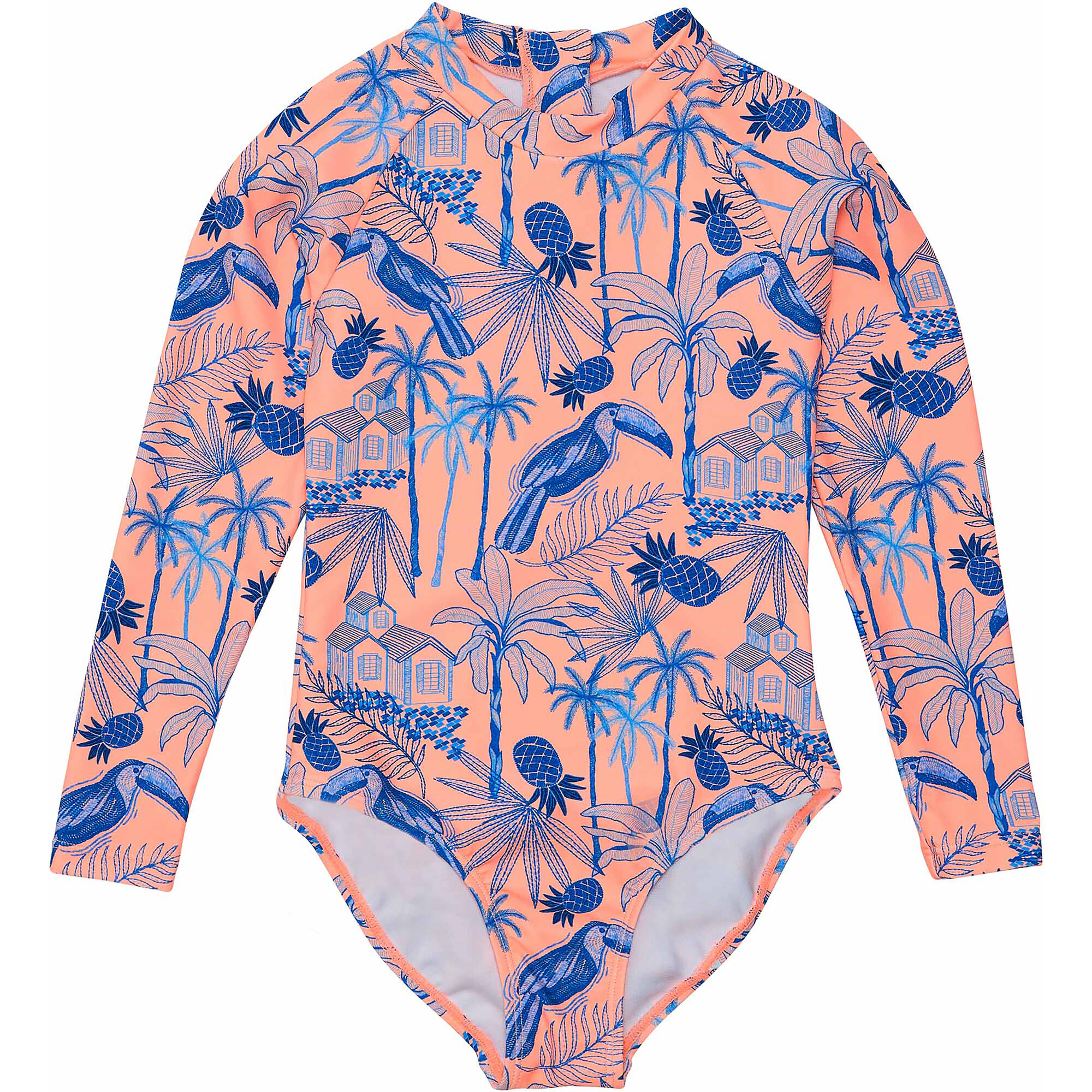 Sustainable High Neck Long Sleeve Surf Suit, Tropicana Vacay - One Pieces - 1