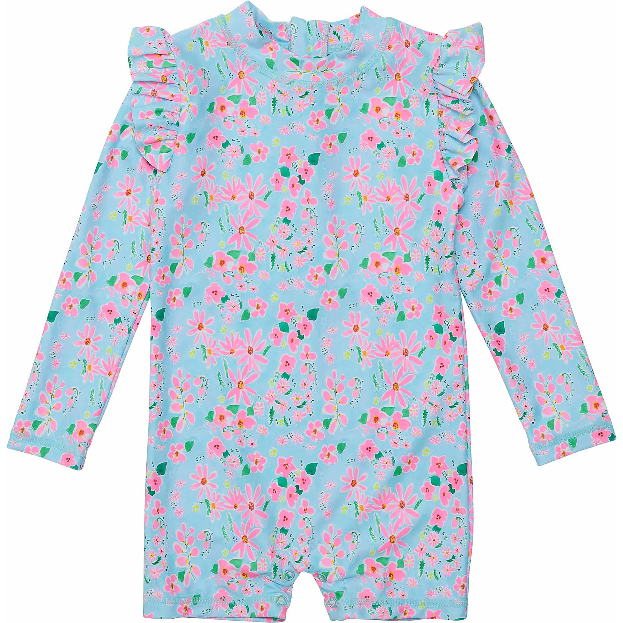 Reversible Ruffle Shoulder Long Sleeve Short Sunsuit, Daisy Chain - One Pieces - 1