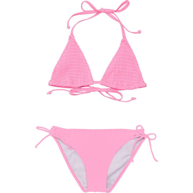 Shirred Halter Neck Tie Front & Bottom Triangle Bikini, Pink