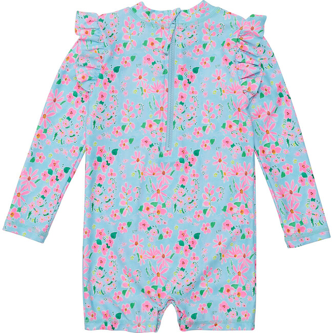 Reversible Ruffle Shoulder Long Sleeve Short Sunsuit, Daisy Chain - One Pieces - 2