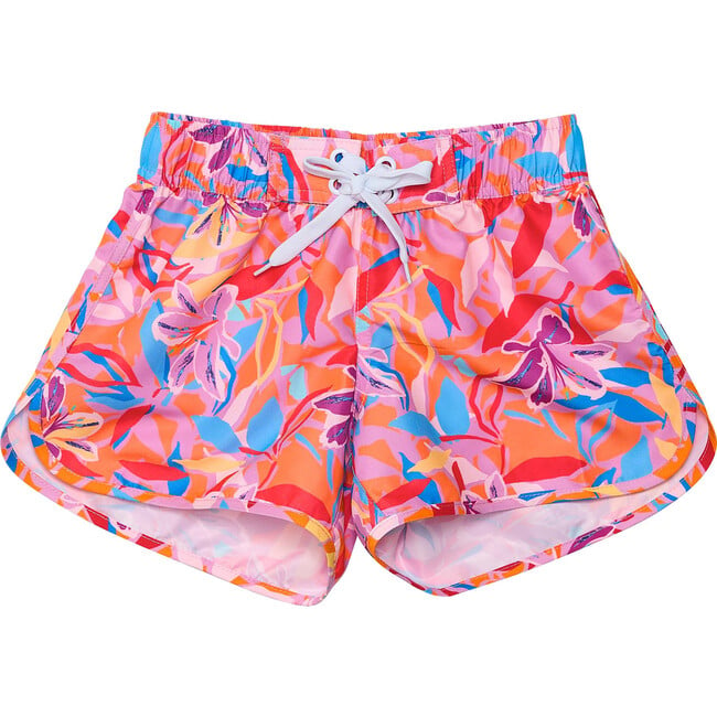 Girls Sustainable Flat Front Side Cut Drawstring Board Shorts, Blooming Sunset