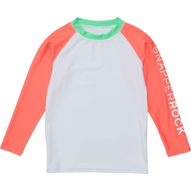 Crew Neck Contrast Long Raglan Sleeve Sustainable Rash Top, Coral & White - Rash Guards - 1