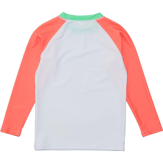 Crew Neck Contrast Long Raglan Sleeve Sustainable Rash Top, Coral & White - Rash Guards - 2