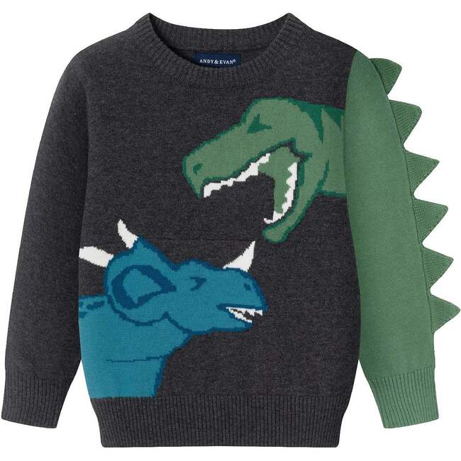 Kids Graphic Sweater, Charcoal Dinosaur