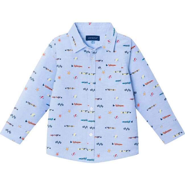 Kids Blue Chambray Buttondown Shirt, Racecars