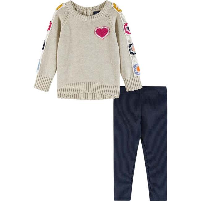 Infant Crochet Floral Sleeve Tunic Sweater & Jegging Set, Heart & Flowers