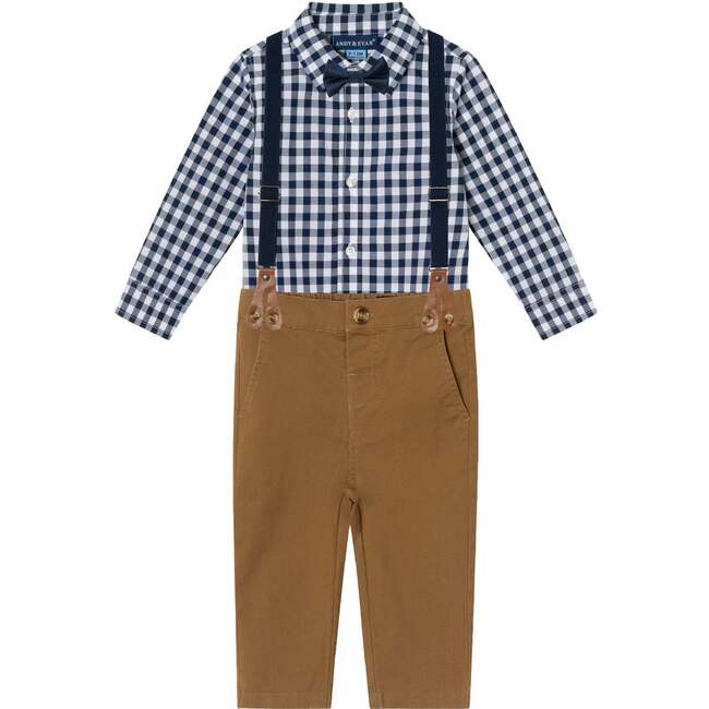 Infant 3-Piece Set Buttondown Suspenders & Pant Set, Navy Gingham