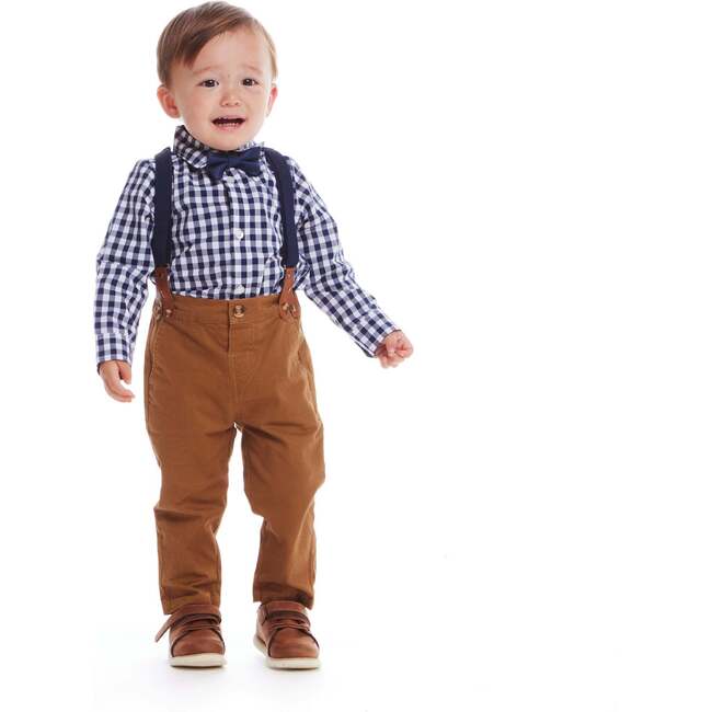 Infant 3-Piece Set Buttondown Suspenders & Pant Set, Navy Gingham - Mixed Apparel Set - 2