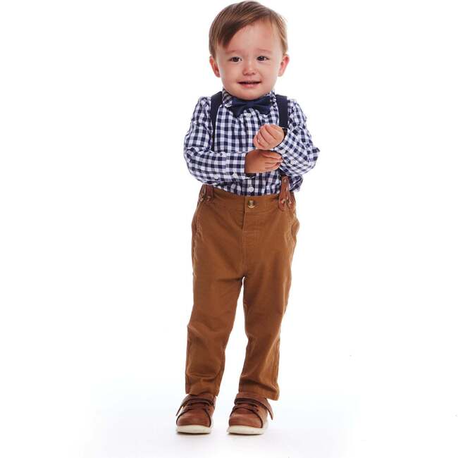 Infant 3-Piece Set Buttondown Suspenders & Pant Set, Navy Gingham - Mixed Apparel Set - 3