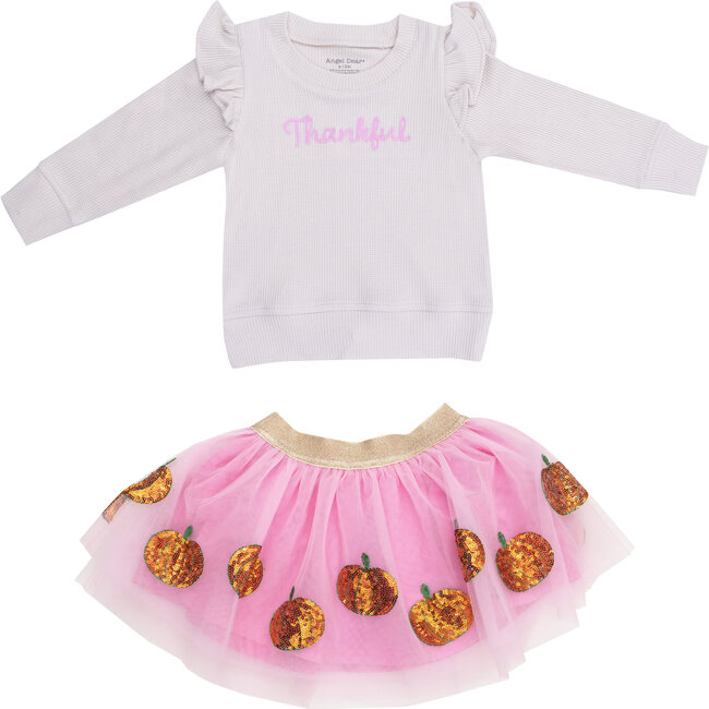 Solid Oatmeal Ruffle Sweatshirt + Halloween Pumpkin Skirt, Cream