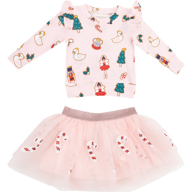 Sugar Plum Fairy Christmas Cookie Ruffle Sweatshirt + Christmas Candy Canes Tutu Skirt, Pink