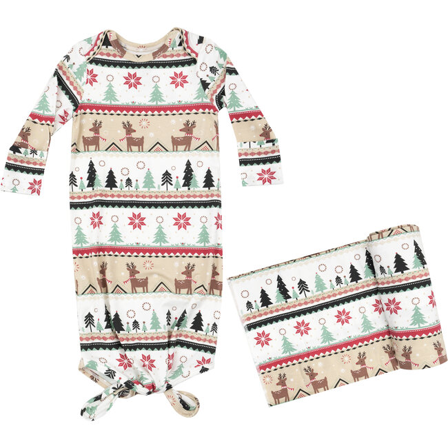 Reindeer Fair Isle Knotted Gown & Swaddlet Set, Multi