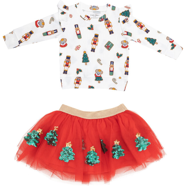 Nutcracker Christmas Cookies Ruffle Sweatshirt + Christmas Trees Tutu Skirt, Multi