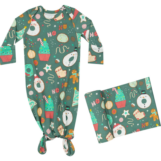 Christmas Treats Knotted Gown & Swaddlet Set, Green