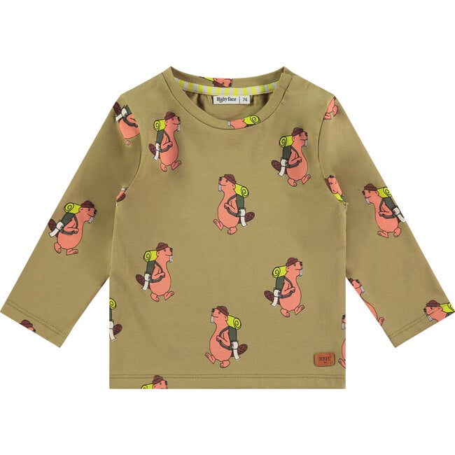 Long Sleeve T-Shirt, Green Beaver Print